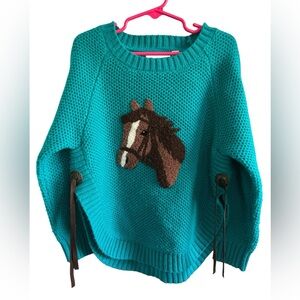 Cotton and Rye Girls' Horse Graphic Sweater Size 6 Turquoise Concho Tassel